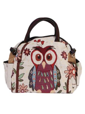 Womens Owl Printed Bag- Cream - BG420-0