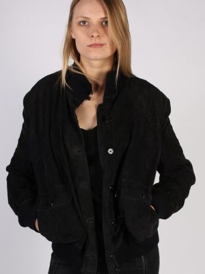 Vintage Genuine Suede Womens Coat Jacket Bust:45 Black -C970-0
