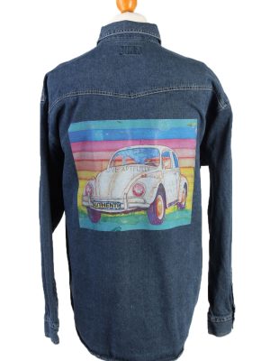 Vintage Freaks Nostalgic Volkswagen Beetle Printed Unisex Long Sleeve Denim Shirt XXL Dark Blue SH3972-0