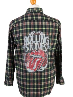 Vintage Vesta Rolling Stones Lips Printed Unisex Long Sleeve Flannel Shirt 42 Green SH3975-0
