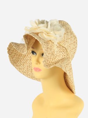 Women Foldable Sun Straw Hat Breathable Travel Retro Beige Size 57 cm