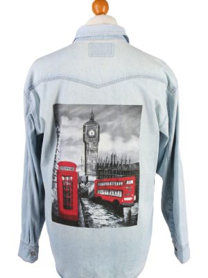 Vintage Cheriano London Big Ben Printed Unisex Long Sleeve Denim Shirt Reworked Chest 44" Light Blue SH3988-0