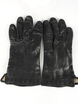 Leather Gloves Lined Vintage Womens 7 Black -G375-0