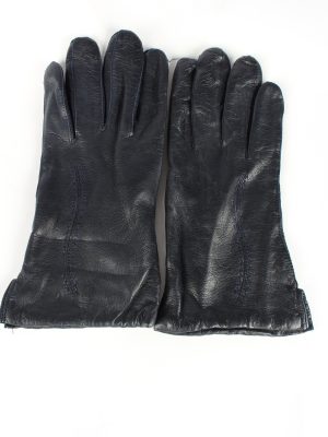 Leather Gloves Lined Vintage Womens 7.5 Navy -G382-0