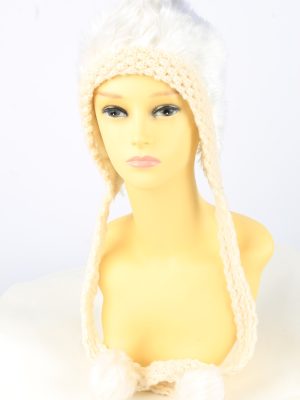 Faux Fur Pom Pom Hat Vintage Womens White -HAT1889-0