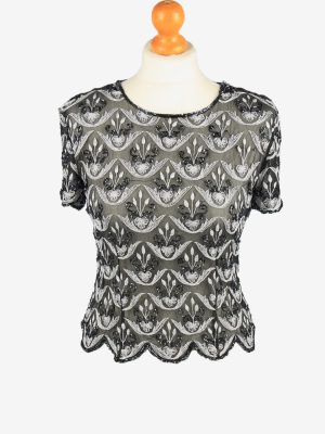 Beaded Top Blouse Vintage Womens 80s S Black -LB344-0