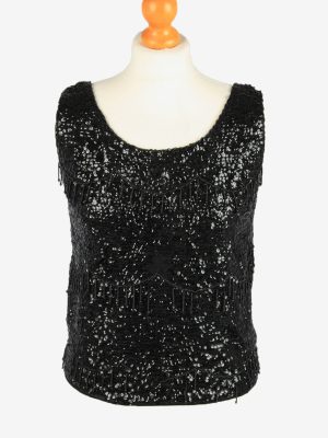 Sequined Beaded Top Blouse Vintage Womens 80s M Black -LB341-0
