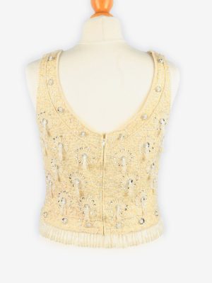 Sequined Beaded Top Blouse Vintage Womens 80s S Beige -LB345-150300