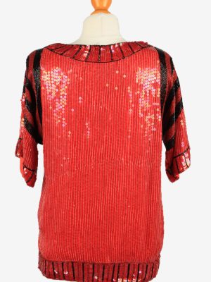 Sequined Silk Top Blouse Vintage Womens 80s M Red -LB346-150363