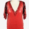Sequined Silk Top Blouse Vintage Womens 80s M Red -LB346-0