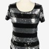 Sequined Beaded Top Blouse Vintage Womens 80s S Black & Silver -LB348-0