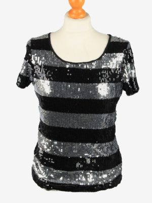 Sequined Beaded Top Blouse Vintage Womens 80s S Black & Silver -LB348-0