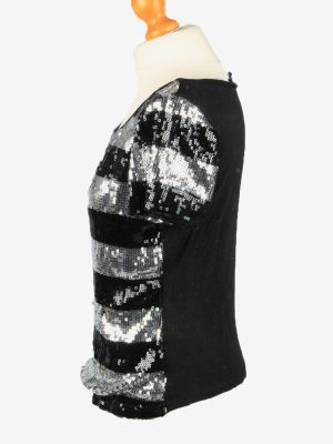 Sequined Beaded Top Blouse Vintage Womens 80s S Black & Silver -LB348-150311