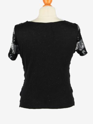 Sequined Beaded Top Blouse Vintage Womens 80s S Black & Silver -LB348-150312