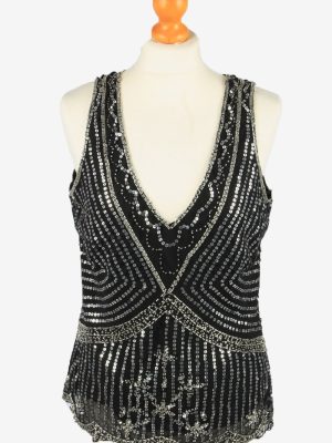 Sequined Beaded Top Blouse Vintage Womens 80s S Black -LB351-0