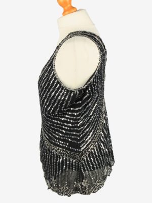 Sequined Beaded Top Blouse Vintage Womens 80s S Black -LB351-150323