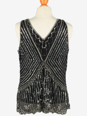 Sequined Beaded Top Blouse Vintage Womens 80s S Black -LB351-150324
