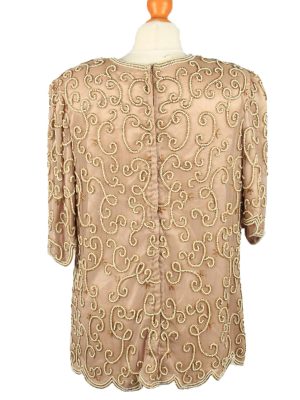 Beaded Top Blouse Vintage Womens 80s L Coffee -LB352-150328