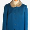 Womens Coat Fur Collar Designer Vintage Size XL Teal C2325-0