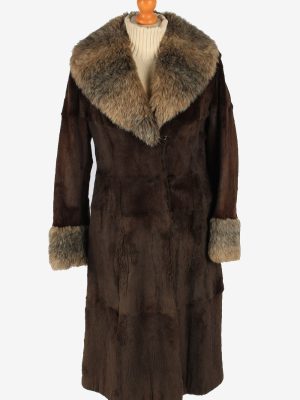 Fur Collar Long Coat Lined Ladies Vintage Size M Dark Brown C2300-0