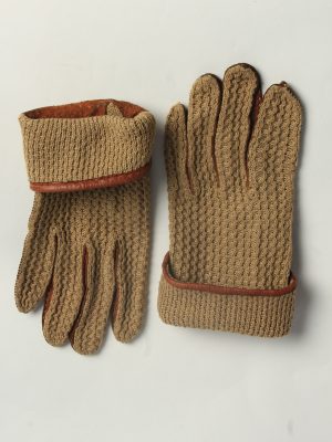 Leather Knitting Gloves Womens Vintage Size M Brown -G641-157037
