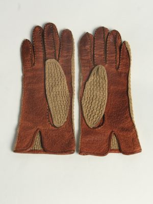 Leather Knitting Gloves Womens Vintage Size M Brown -G641-156875