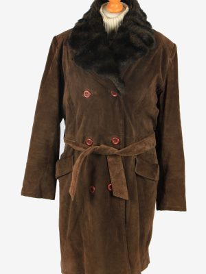 Womens Suede Real Sheepskin Long Coat Fur Collar Vintage Size XL Dark Brown C2555-0