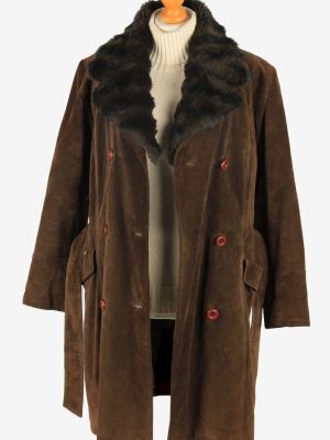 Womens Suede Real Sheepskin Long Coat Fur Collar Vintage Size XL Dark Brown C2555-158436