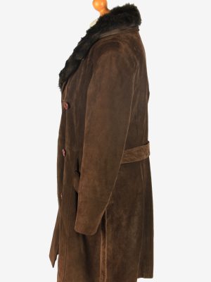 Womens Suede Real Sheepskin Long Coat Fur Collar Vintage Size XL Dark Brown C2555-158437