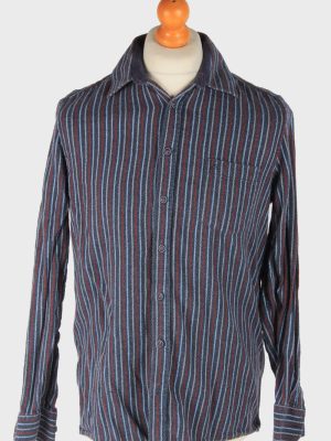 Mens Long Sleeves Striped Shirt Thick Cotton Vintage Size M Navy SH4040-163799