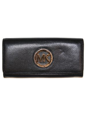 Michael Kors Woman Black Leather Flap Pebbled Retro Wallet Gold Tone MK