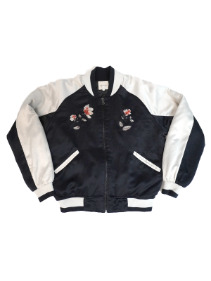 Vintage Y2K Silence + Noise Embroidered Flower Satin Bomber Jacket Size Large