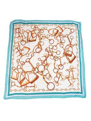 Vintage Equestrian Art Horse Harness Blue Brown Scarf 35in x 37in