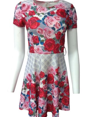 Pink Floral A-Line Dress Padded Cups Short Sleeves Summer Skirt Size S