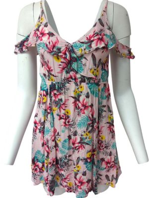 Womens Baby Doll Dress Cold Shoulder Floral Short Dress Size M