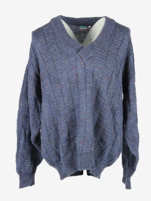 Cable Knit Wool Jumper Vintage Shawl Neck Pullover 90s Blue Size XL