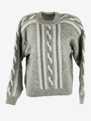 Jumper Vintage Cable Knit Crew Neck Winter Warm Retro Grey Size S