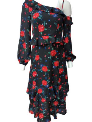 One-Shoulder Maxi Dress Ruffles Elastic Cuffs Layer Chiffon Skirt Size XS