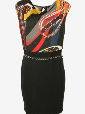 Patterned Midi Dress Vintage Boat Neck Chain Belt Casual 90s Size 12