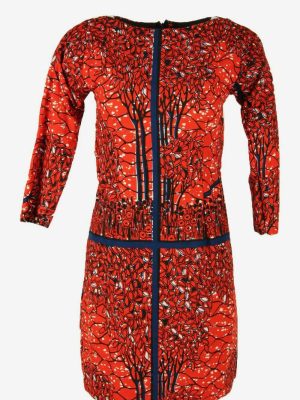 Patterned Midi Dress Vintage Boat Neck Lined Retro 90s Red Size UK 6/8