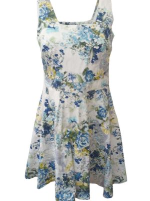 Skater Dress Floral Sleeveless Short Square Neck Size M/L