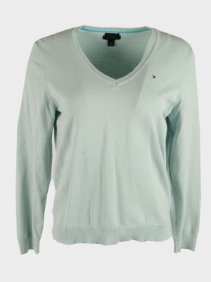 Tommy Hilfiger Plain Sweater Vintage Jumper V Neck Turquoise Size XL
