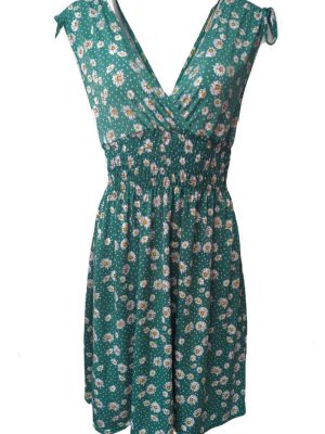 Womens Casual Jersey Dress Surplice Sleeveless Elastic Waist Size S/M