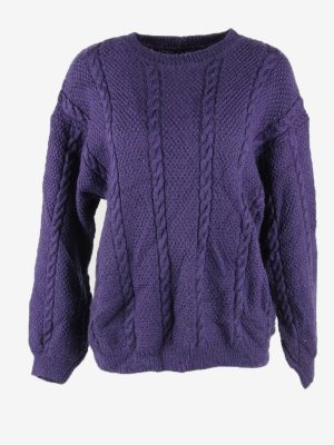 Jumper Vintage Cable Knit Crew Neck Winter Warm Retro Purple Size L