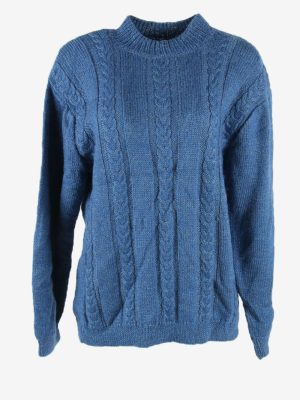 Jumper Vintage Cable Knit High Neck Winter Warm Retro 90s Blue Size L