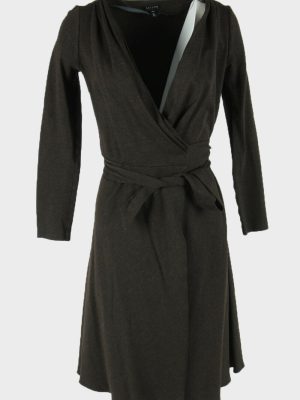 Plain Midi Dress Vintage V Neck Casual Office Brown S