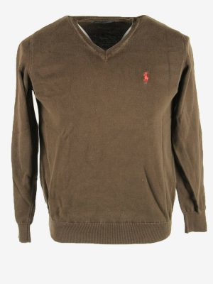 Polo Ralph Lauren Plain Vintage Sweater V Neck Jumper Brown Size S