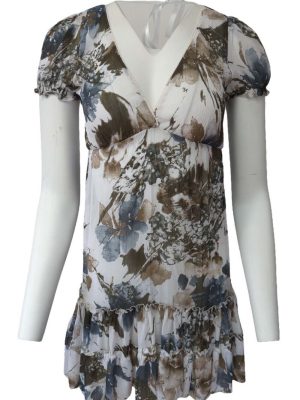 Skater Dress A-Line Deep V-Neck Floral Short Sleeve Knee Length Size S