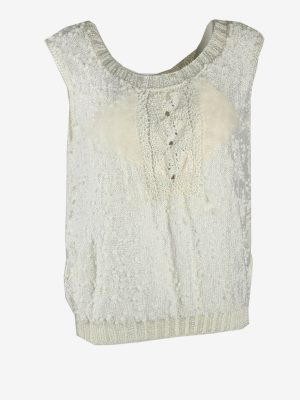 Vintage Blouse Plain Sleeveless Scoop Neck Winter Retro White Size L