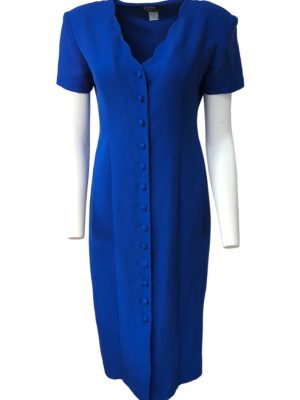 Vintage Dress Button Up Short Sleeve Long Heart Neck Royal Blue Size 6